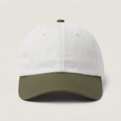 Plain two tone dad cap with a white crown and an olive peak, front view with no logo