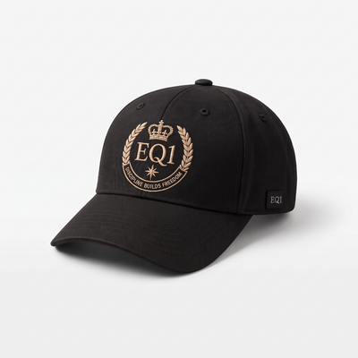 EQ1 Heritage Crest Cap in black with champagne crest embroidery