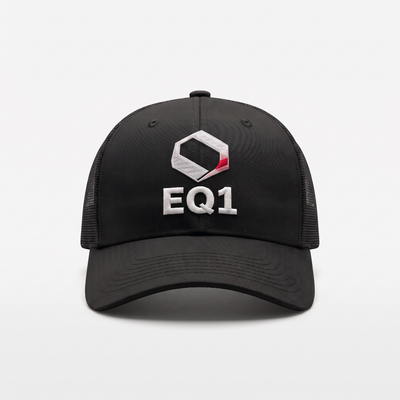 EQ1 Mesh Signature trucker cap in black canvas with mesh back
