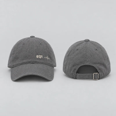 EQ1 Low Signal Soft Dad Cap in smoke grey, front and back