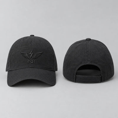 EQ1 After Dark Tonal Biker Cap in charcoal black, front and back