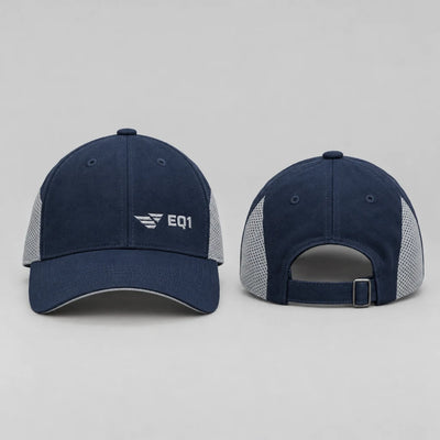 EQ1 Mesh Core Performance Cap in navy and ice grey, front and back