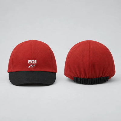 EQ1 Short Lap Cycling Cap in oxide red and black, front and back