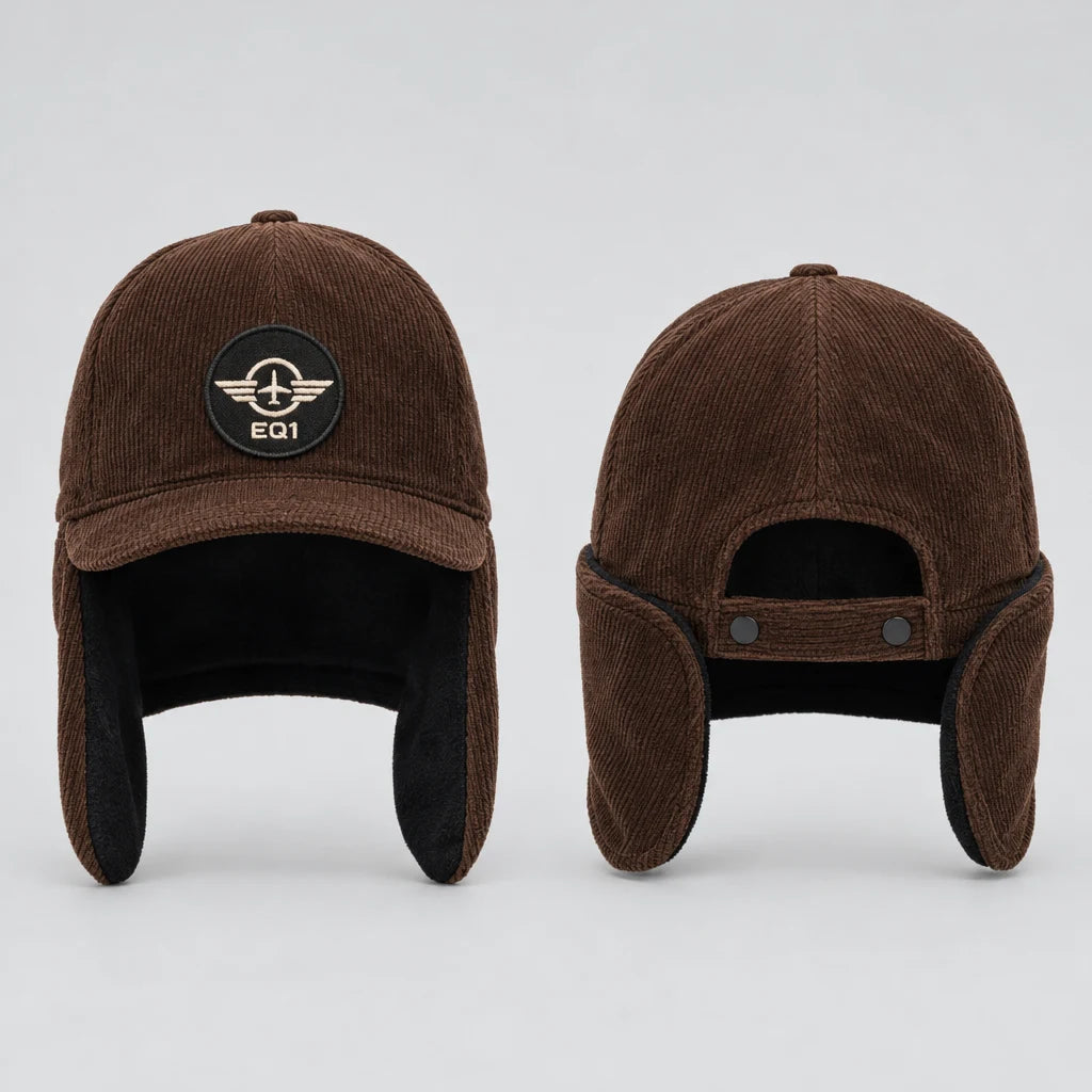 EQ1 Pilot Code Corduroy Ear Flap Cap, Espresso Brown / Black