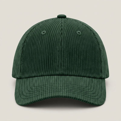Plain corduroy baseball cap in forest green, front view with no logo