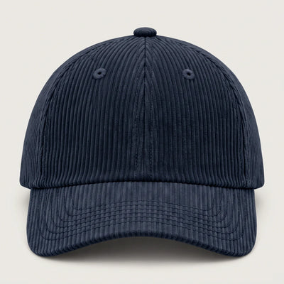 Plain corduroy baseball cap in navy, front view with no logo