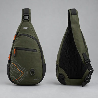 EQ1 Essential Trail Sling in forest olive, front and side
