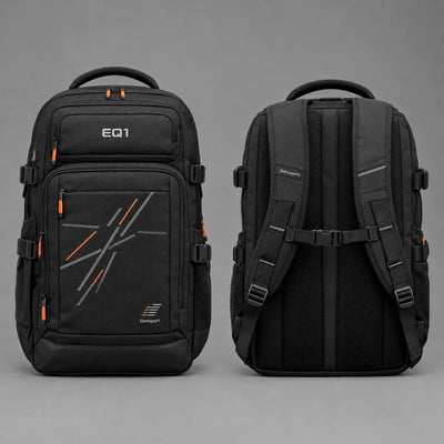 EQ1 Grid Stack High Capacity Backpack in black graphite, front and back