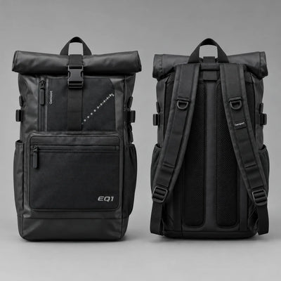 EQ1 Modular Utility Roll Top Backpack in charcoal black, front and back