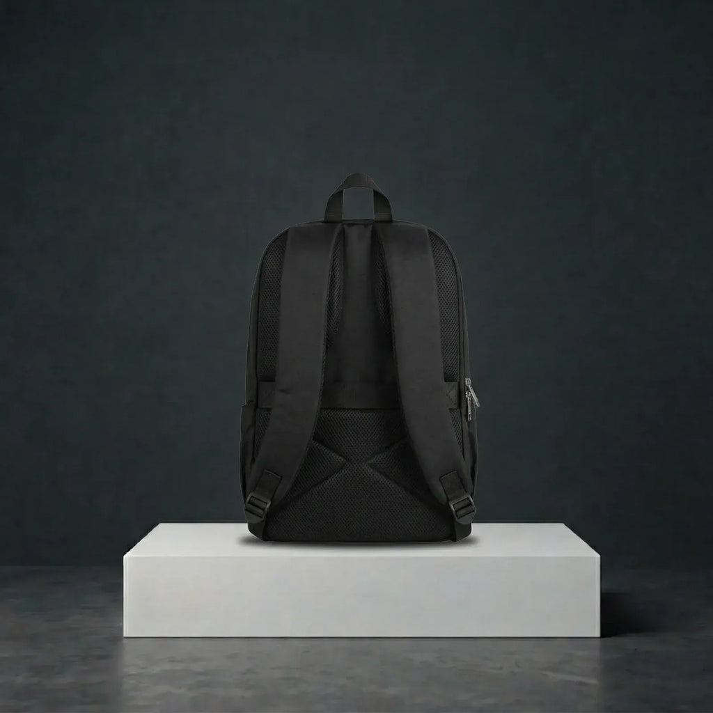 back view of minimal black backpack