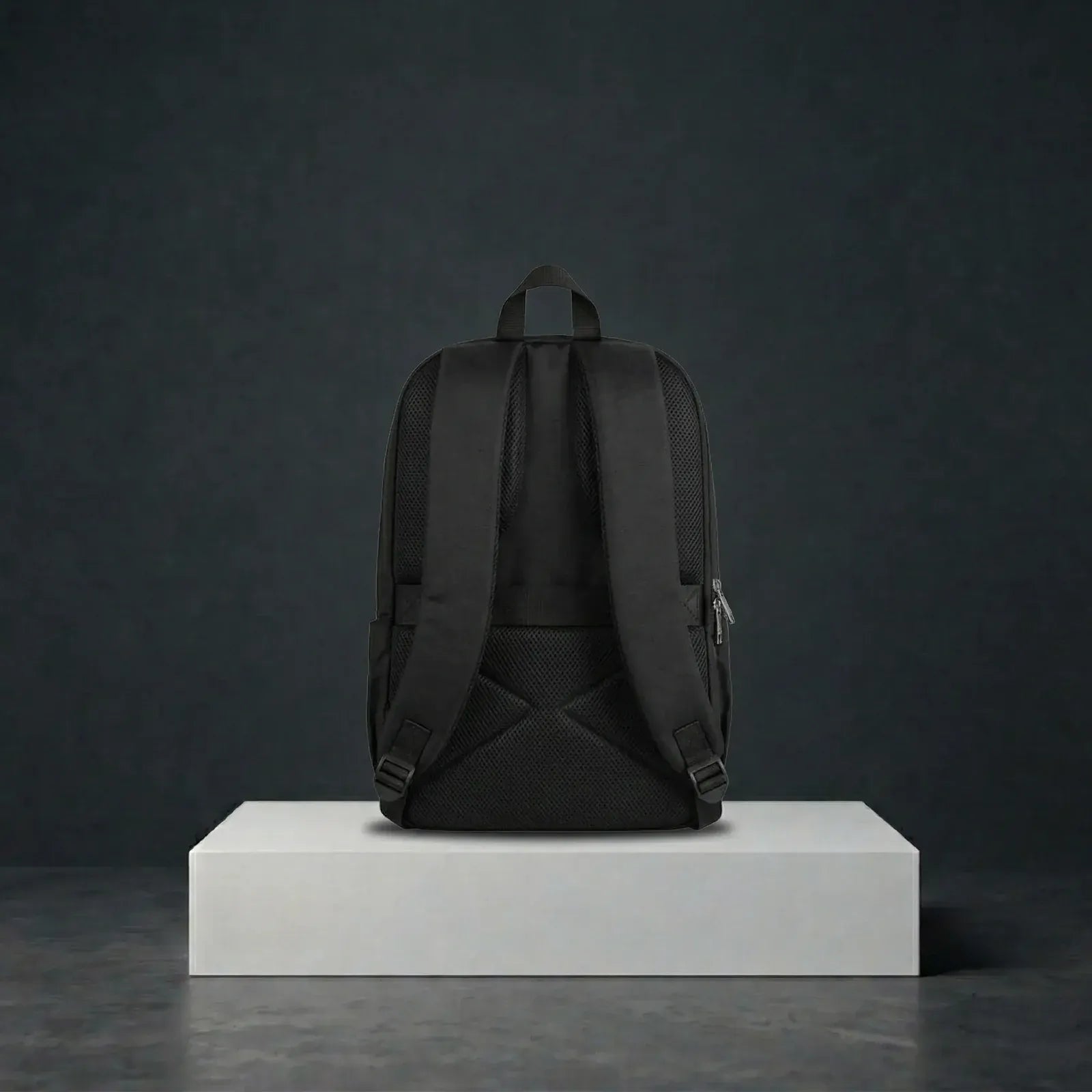 back view of minimal black backpack