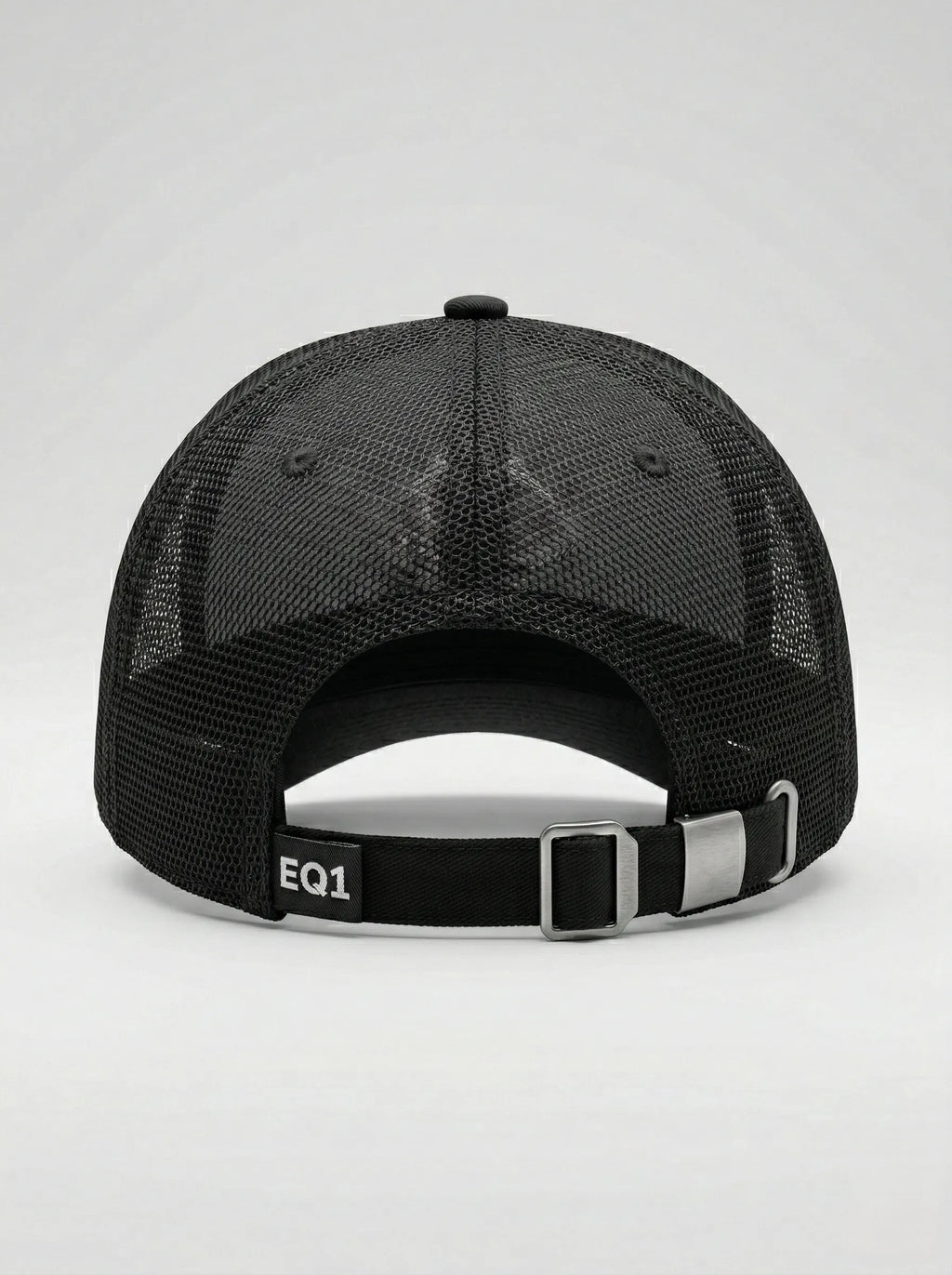 Black trucker baseball cap with breathable mesh back and adjustable fit system