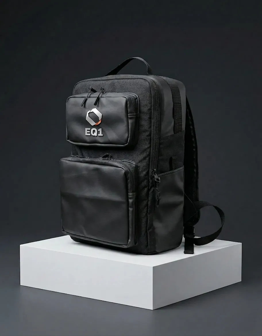 Angled side view of a black backpack with two front zipper pockets and shoulder strap