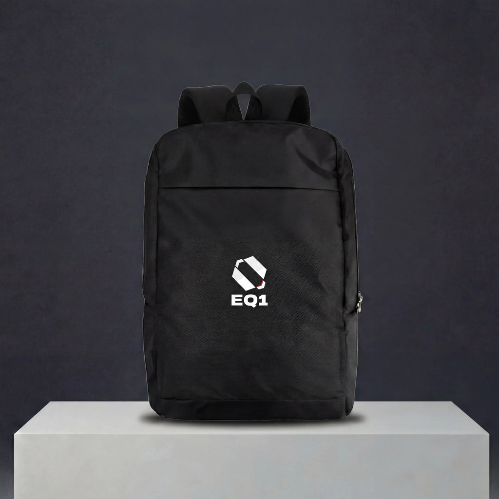 Minimal black backpack for office, travel, and daily use with EQ1 branding