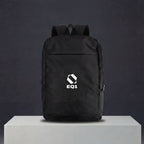Minimal black backpack for office, travel, and daily use with EQ1 branding