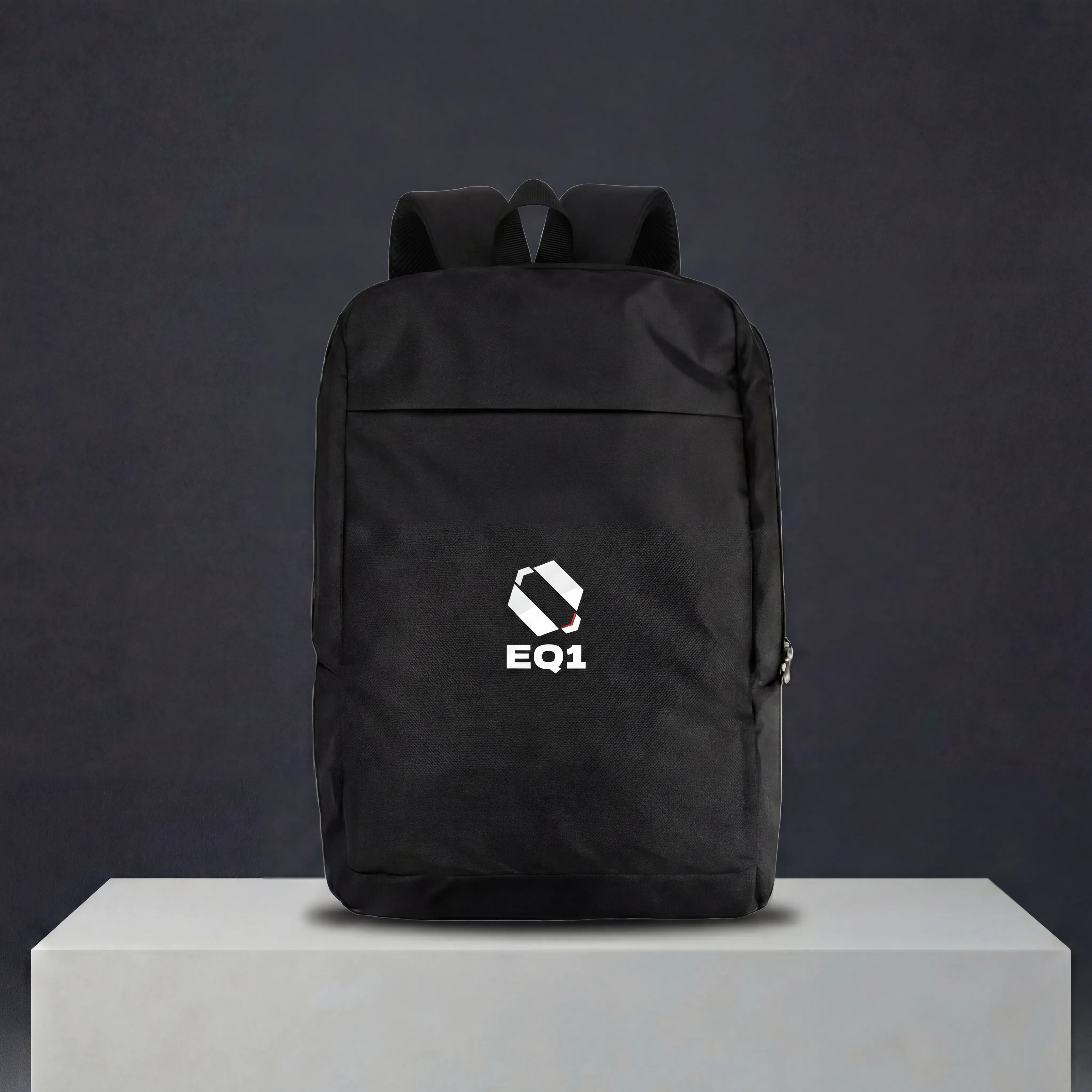 Minimal black backpack for office, travel, and daily use with EQ1 branding