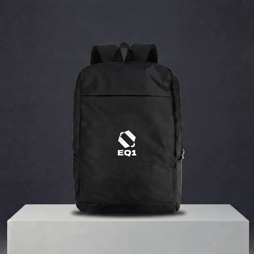 Minimal black backpack for office, travel, and daily use with EQ1 branding