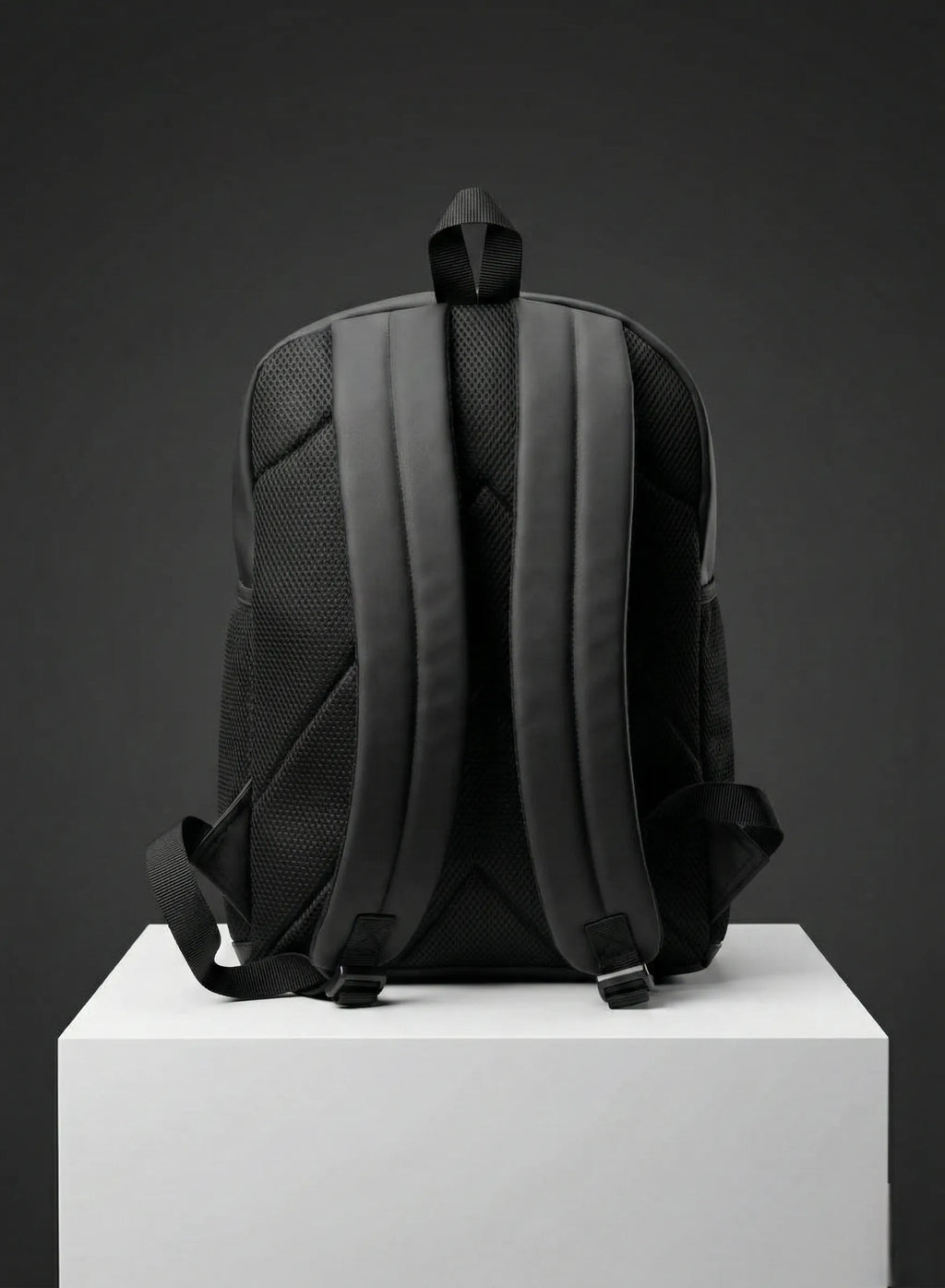 Back view of backpack with padded straps and black design