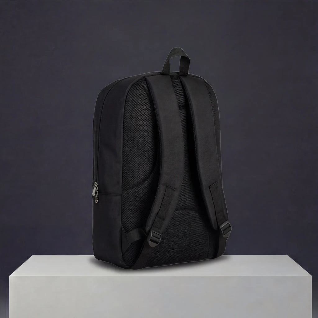 Black travel backpack with cushioned back panel and adjustable shoulder straps