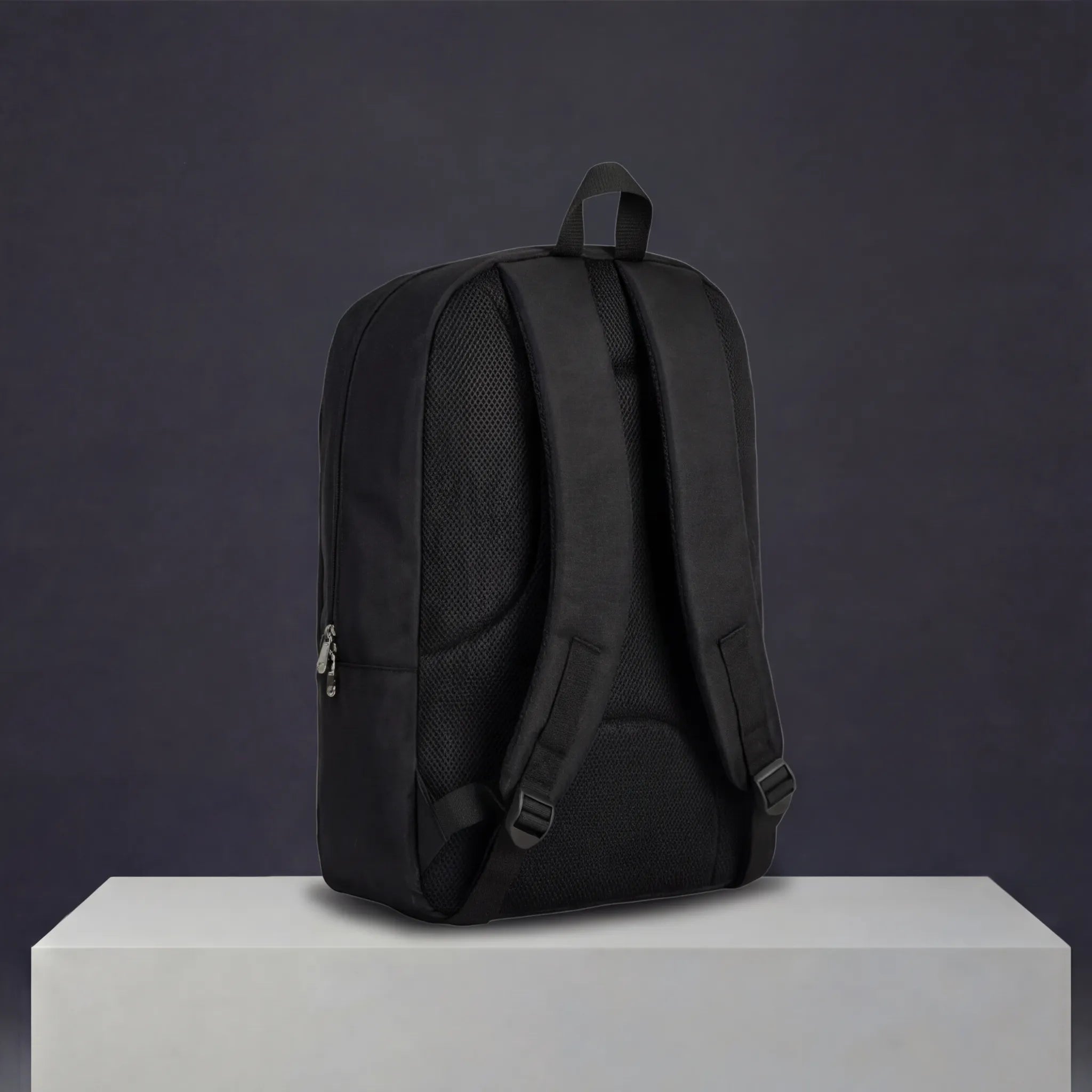 Black travel backpack with cushioned back panel and adjustable shoulder straps