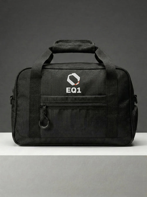 Front view of EQ1 Core Duffel bag in stealth black design