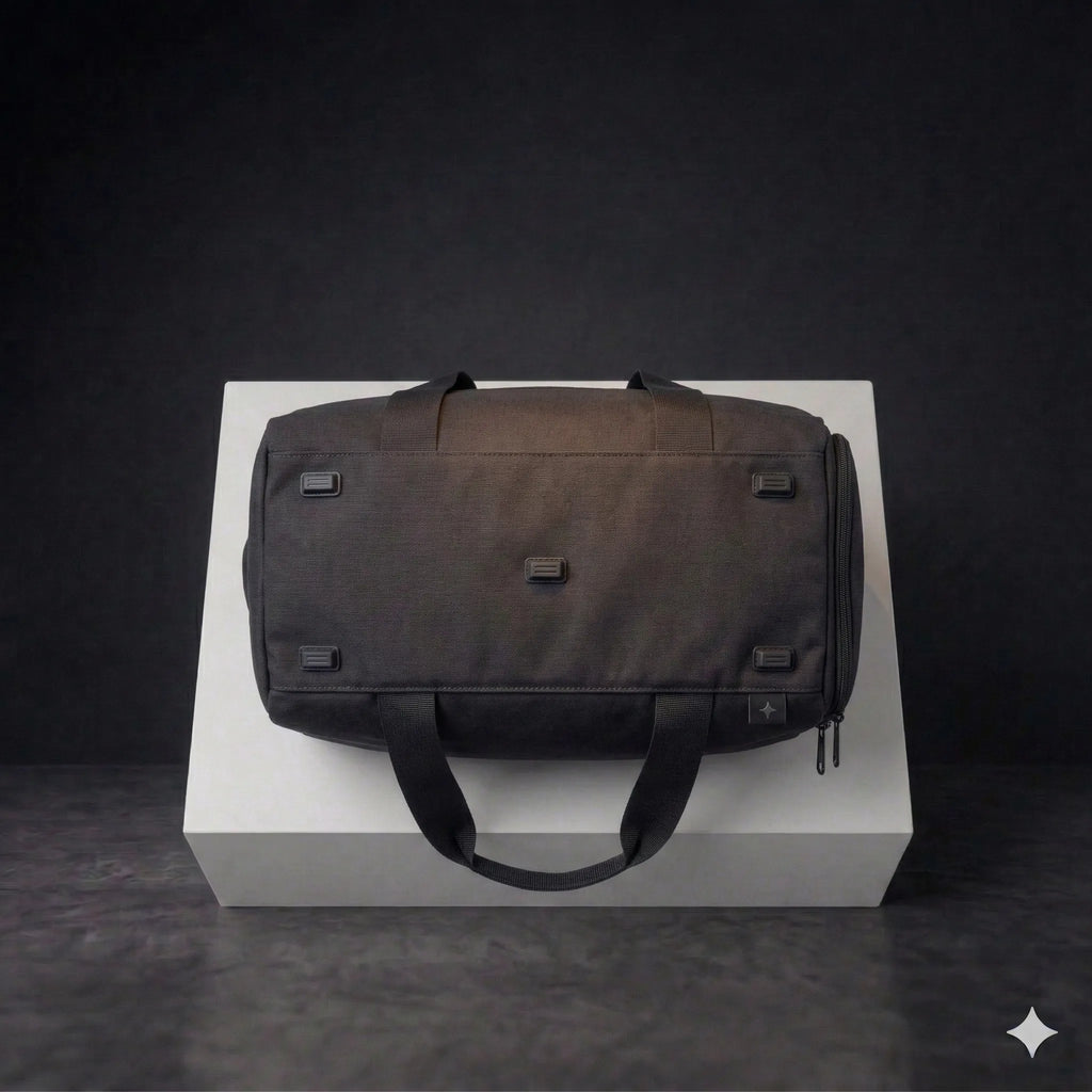 Bottom view of black EQ1 duffle bag with reinforced base and durable support feet