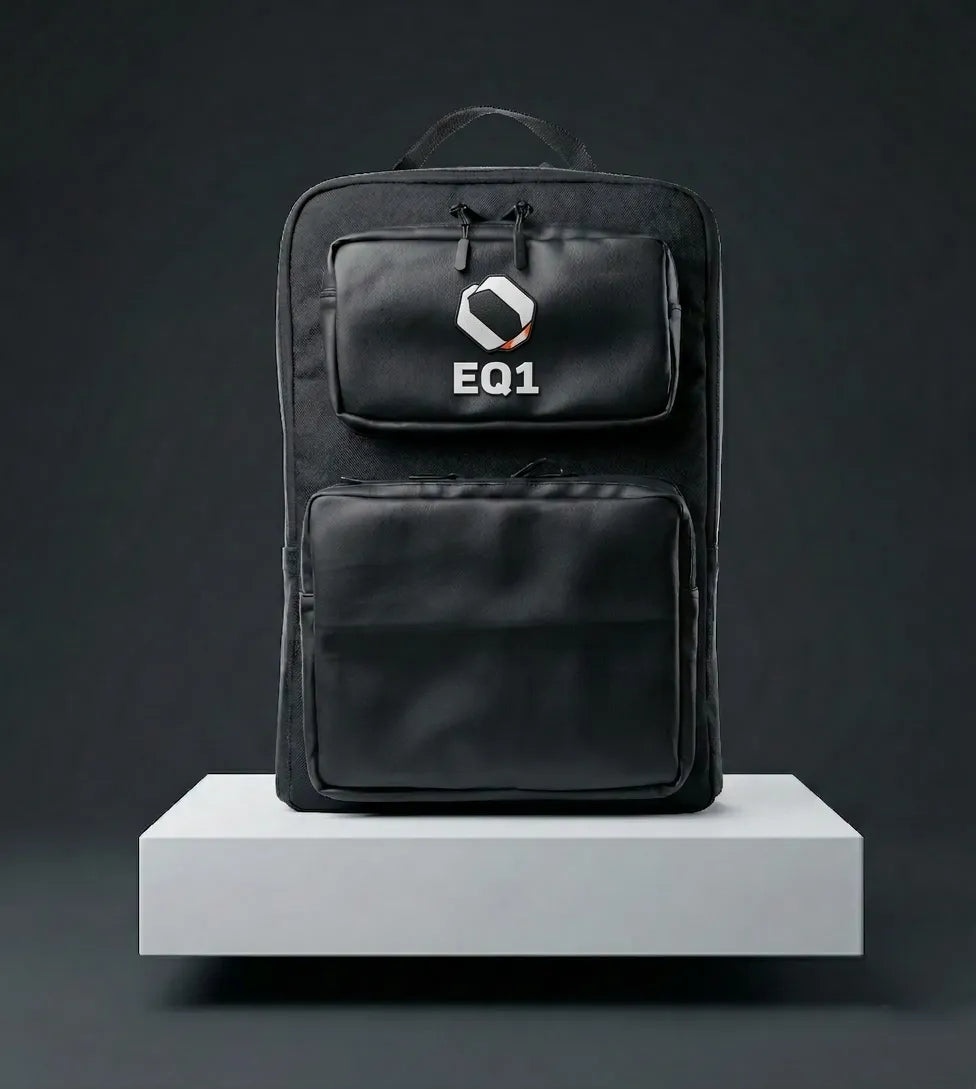 Black EQ1 backpack with dual front pockets and minimalist utility design