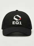 Black canvas baseball cap with minimal design and EQ1 branding