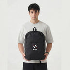 Minimal black backpack for office, travel, and daily use with EQ1 branding