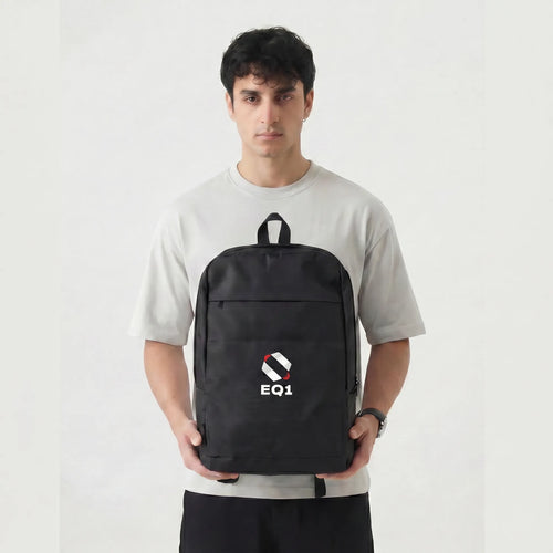 Minimal black backpack for office, travel, and daily use with EQ1 branding