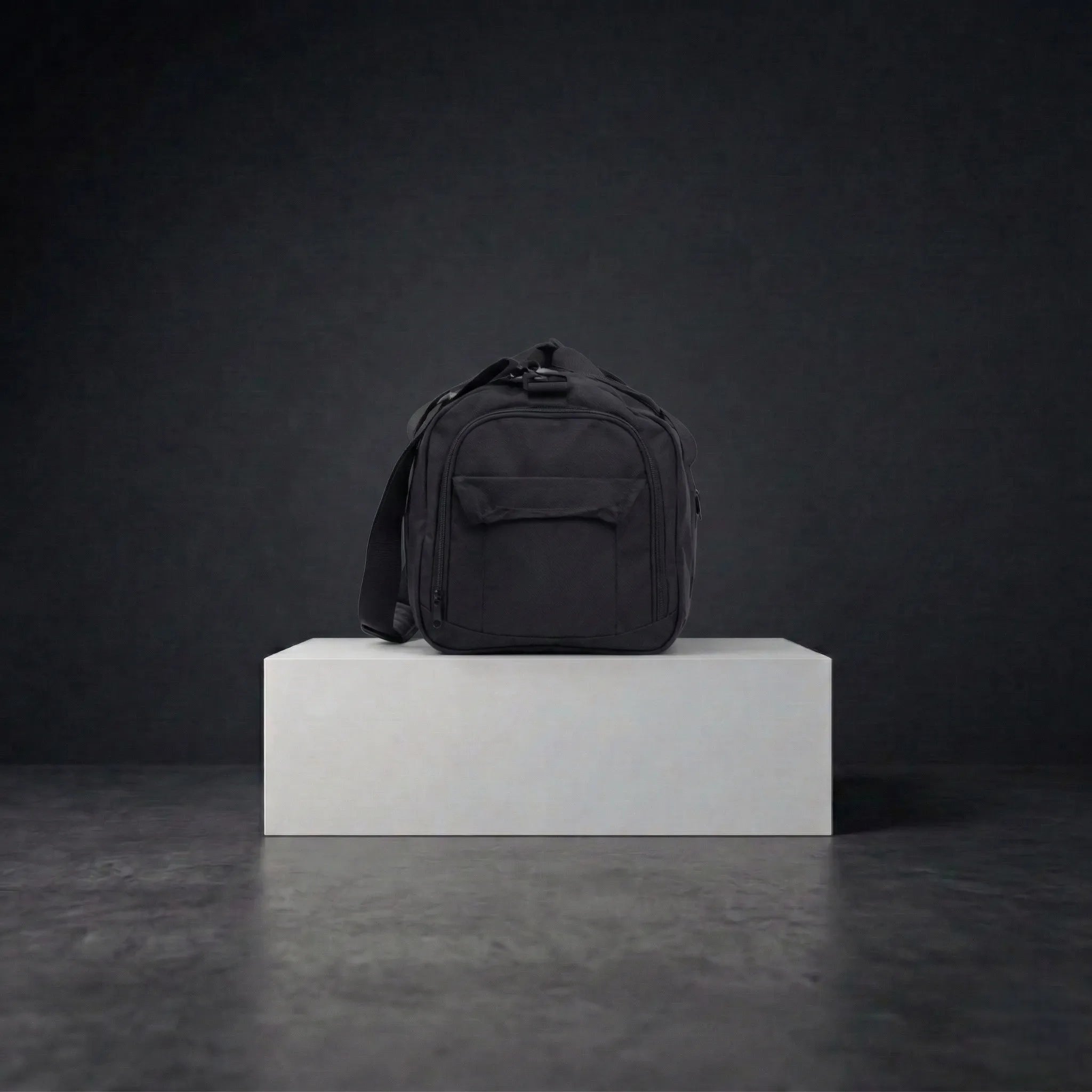 Side view of black duffle bag with straps and compartments