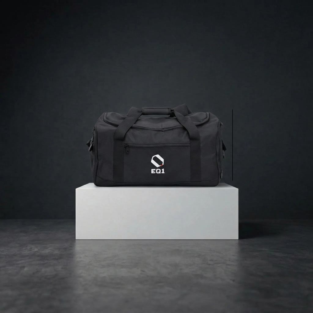 Black duffle bag with front design and EQ1 branding