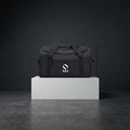 Black duffle bag with front design and EQ1 branding