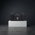 Black duffle bag with front design and EQ1 branding