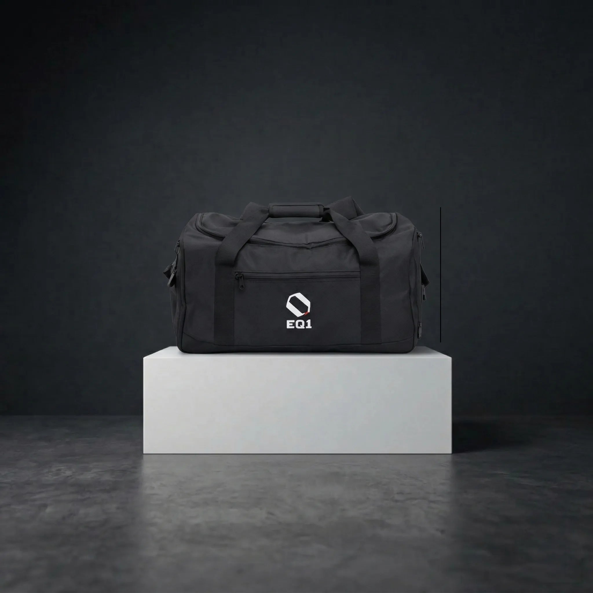 Black duffle bag with front design and EQ1 branding