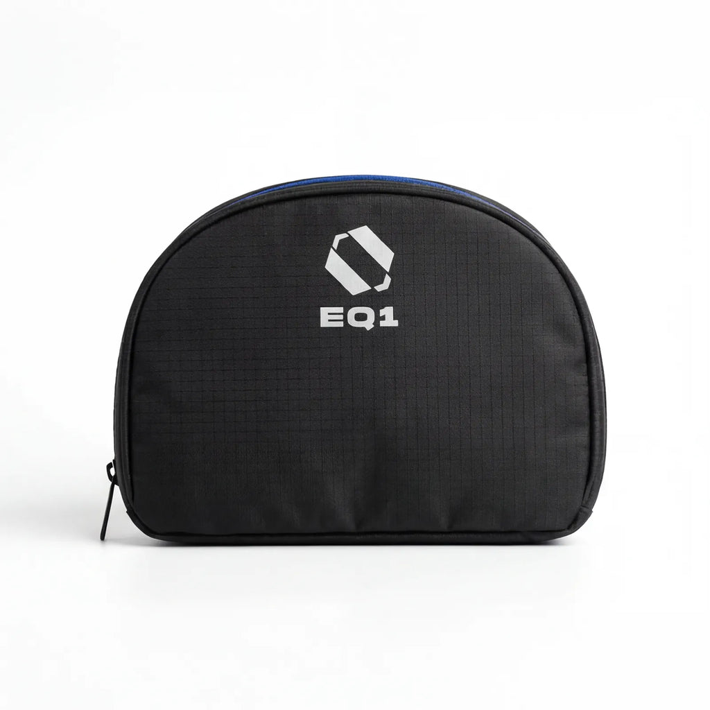 Black zippered pouch with EQ1 logo placed against white background