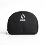 Black zippered pouch with EQ1 logo placed against white background