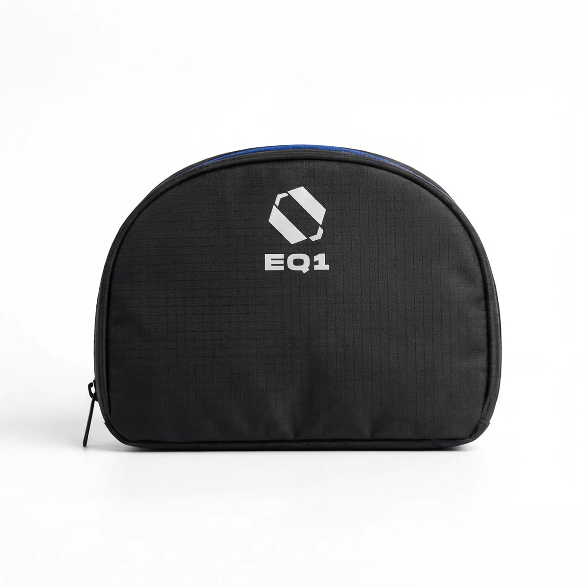 Black zippered pouch with EQ1 logo placed against white background