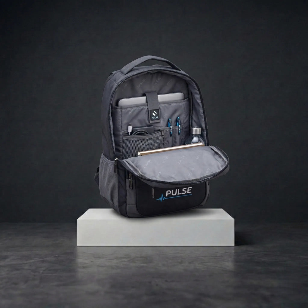 Black travel backpack with laptop storage and multi-pocket organization design