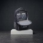 Black travel backpack with laptop storage and multi-pocket organization design