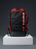 Red and black backpack with front zipper pockets