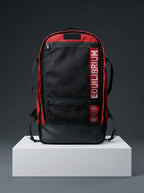 Red and black backpack with front zipper pockets