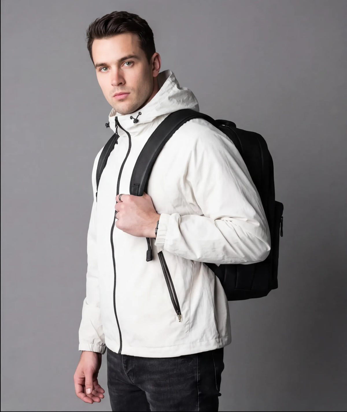 male model wear a black equilibrium backpack