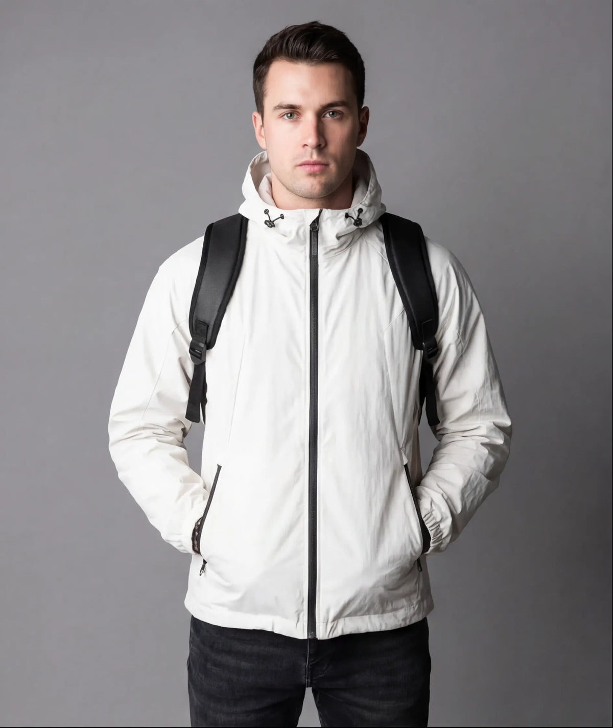Man wearing white hooded jacket with black backpack straps in studio portrait