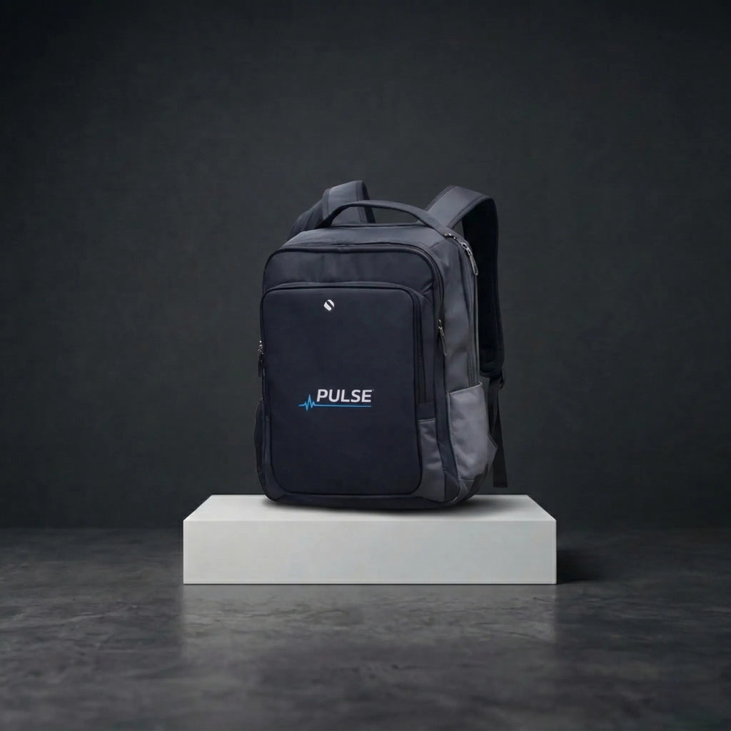 Close-up of Pulse backpack logo and front detailing