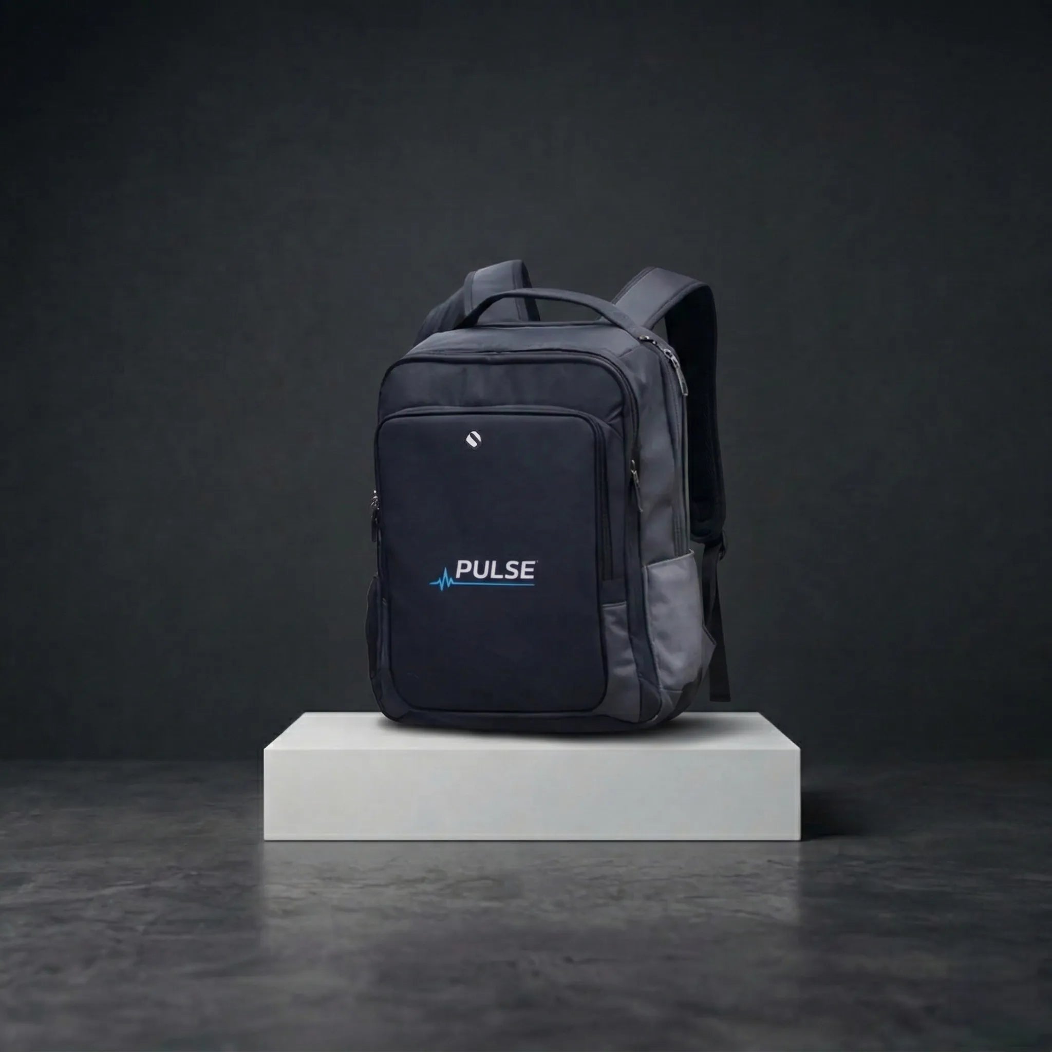 Close-up of Pulse backpack logo and front detailing