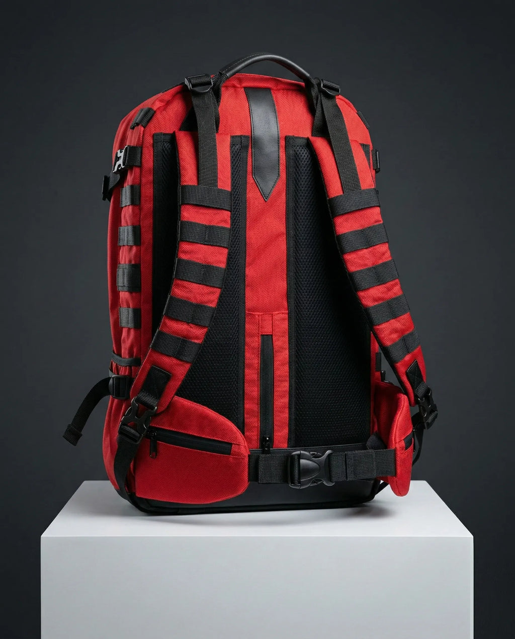 Back view of red and black backpack with multiple compartments