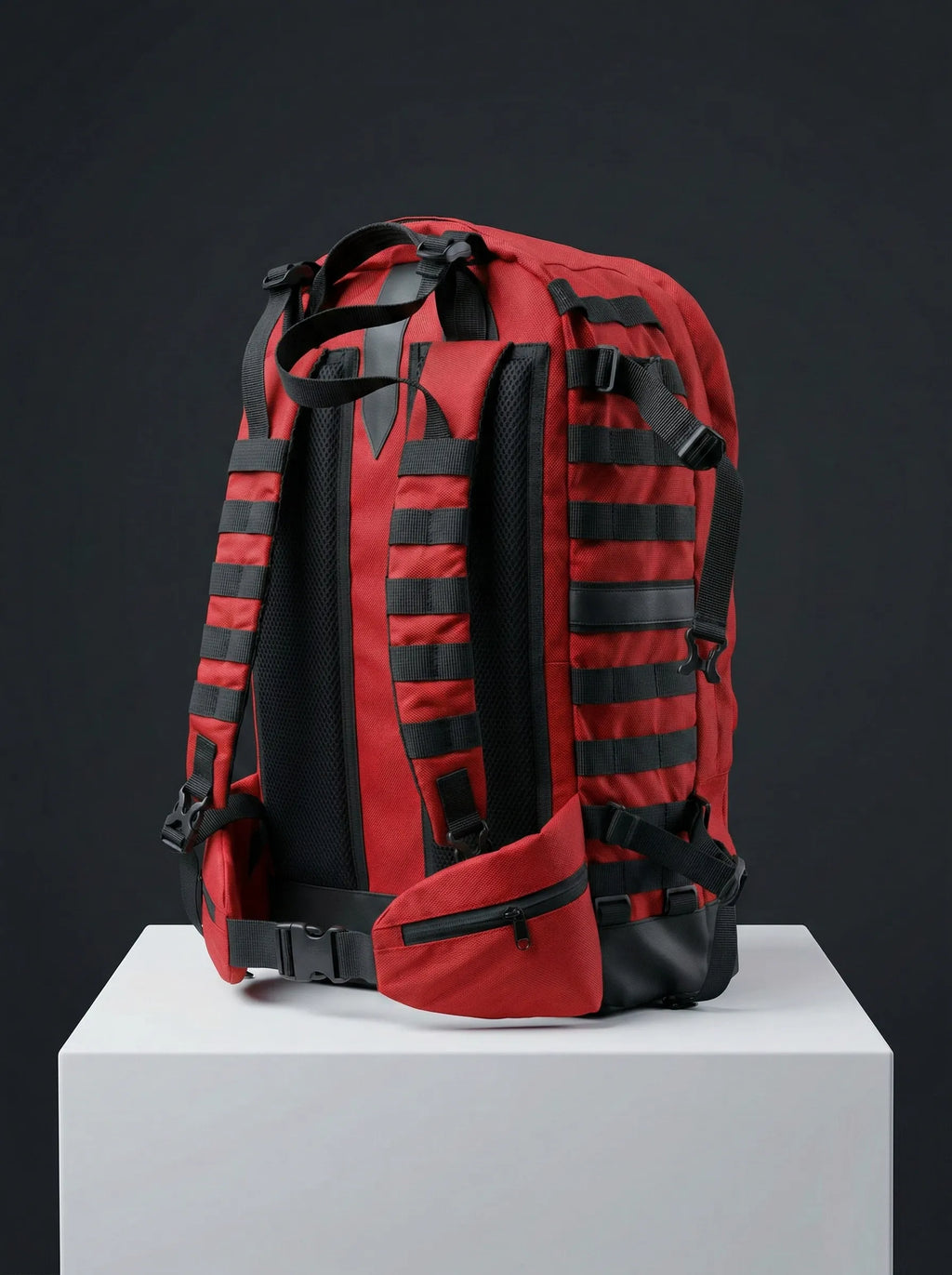 Side view of red and black backpack