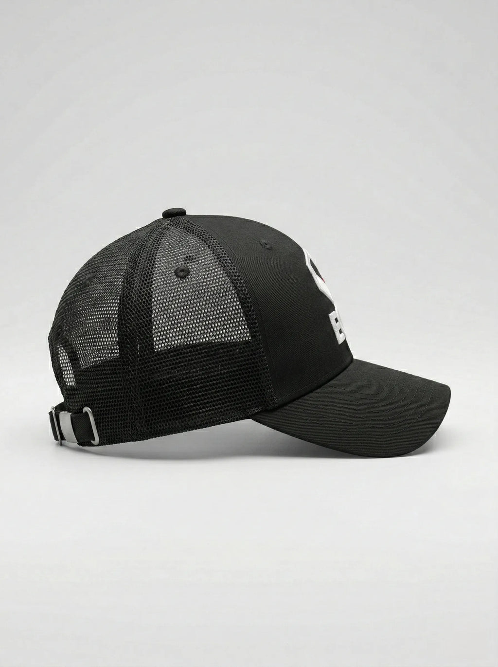 Black EQ1 trucker cap side view