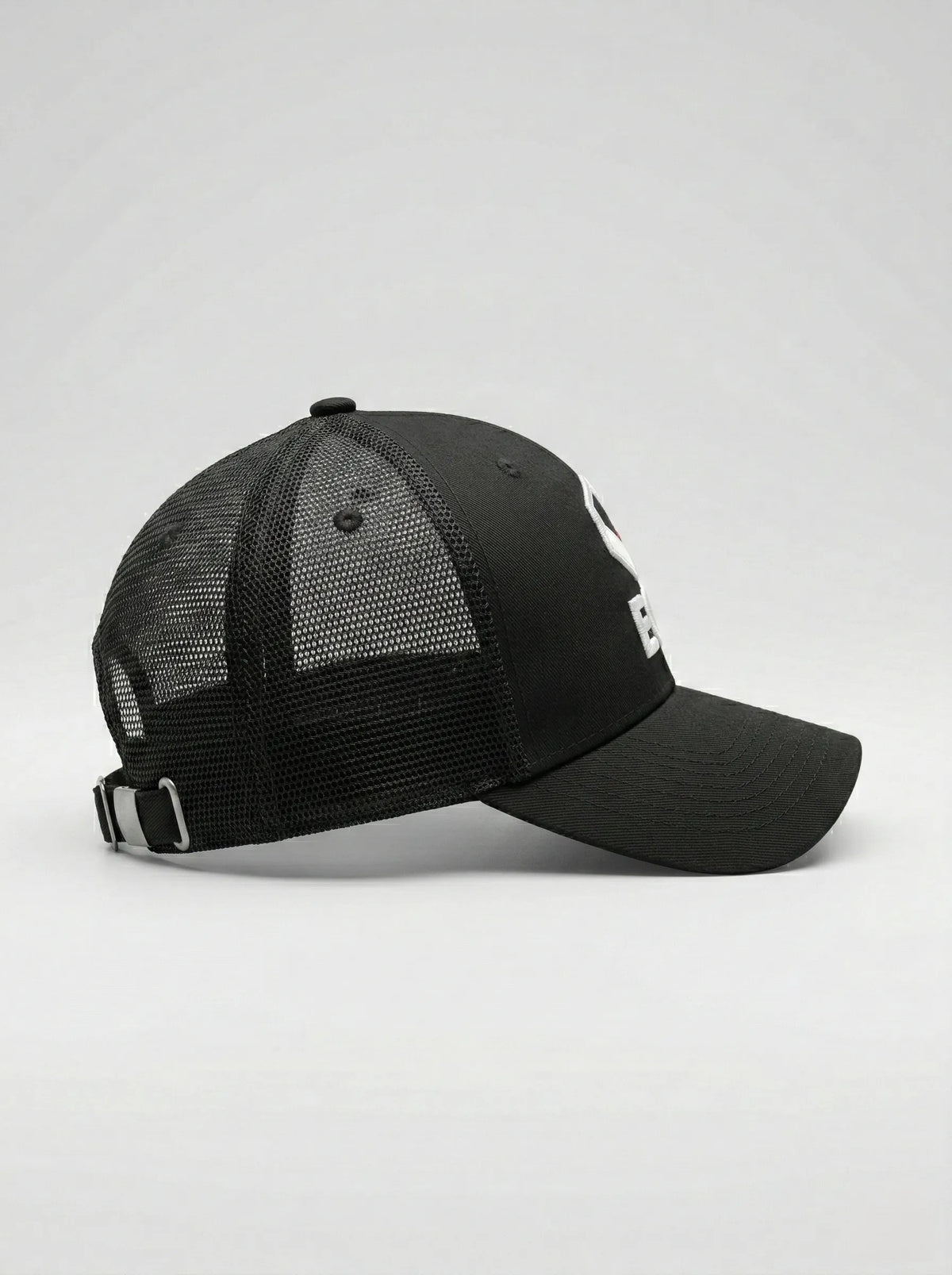 Black EQ1 trucker cap side view